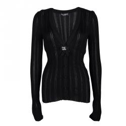 Pre Owned Dolce and Gabbana Black Rib Knit Logo Bow Detail Cardigan M