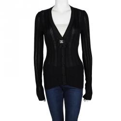 Pre Owned Dolce and Gabbana Black Rib Knit Logo Bow Detail Cardigan M