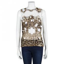 مملوكة مسبقًا Dolce and Gabbana Leopard Printed Silk Contrast Lace Insert Sleeveless Top S 