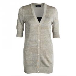 Pre Owned Dolce and Gabbana Beige Striped Lurex Knit Short Sleeve Cardigan S