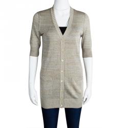 Pre Owned Dolce and Gabbana Beige Striped Lurex Knit Short Sleeve Cardigan S