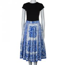 Pre Owned Dolce and Gabbana Blue Tile Printed Cotton Gathered Midi Skirt  M