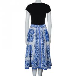 Pre Owned Dolce and Gabbana Blue Tile Printed Cotton Gathered Midi Skirt  M