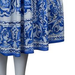 Pre Owned Dolce and Gabbana Blue Tile Printed Cotton Gathered Midi Skirt  M