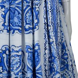 Pre Owned Dolce and Gabbana Blue Tile Printed Cotton Gathered Midi Skirt  M