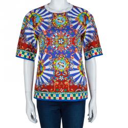 Pre Owned Dolce and Gabbana Multicolor Sicilian Cart Print Cotton Top XS