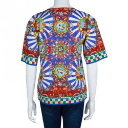Pre Owned Dolce and Gabbana Multicolor Sicilian Cart Print Cotton Top XS