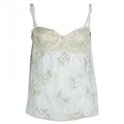 Pre Owned Dolce and Gabbana Cream and Gold Lace Bustier Top L