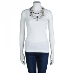 مملوكة مسبقًا Dolce and Gabbana White Rib Jersey Embellished Necklace Detail Sleeveless Tank Top M