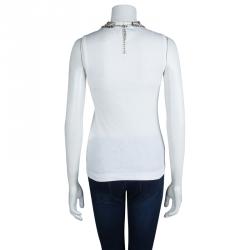 مملوكة مسبقًا Dolce and Gabbana White Rib Jersey Embellished Necklace Detail Sleeveless Tank Top M