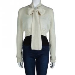 Pre Owned Dolce and Gabbana Cream Knit Neck Tie Detail Cropped Cardigan M