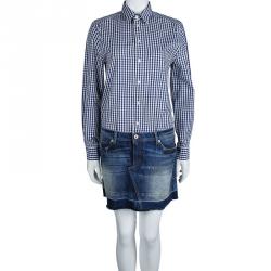 Pre Owned Dolce and Gabbana Blue Checked Cotton Shirt and Denim Skirt Combo Dress M