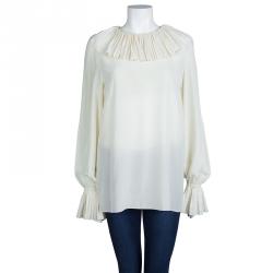 Pre Owned Dolce And Gabbana Cream Silk Pleated Ruffle Detail Long Sleeve Blouse XL