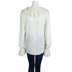 Pre Owned Dolce And Gabbana Cream Silk Pleated Ruffle Detail Long Sleeve Blouse XL