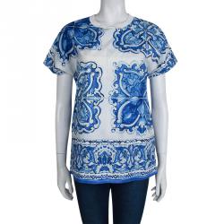 Pre Owned Dolce & Gabbana White and Blue Cotton Majolica Print Top S