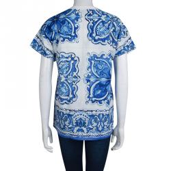 Pre Owned Dolce & Gabbana White and Blue Cotton Majolica Print Top S