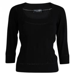 Pre Owned Dolce and Gabbana Black Knit Crochet Insert Scoop Neck Sweater M