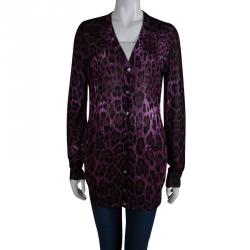 Pre Owned Dolce and Gabbana Burgundy Leopard Print Button Front Cardigan L
