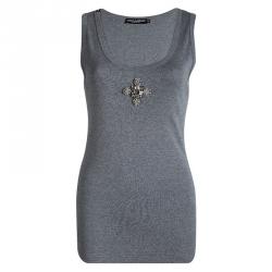 Pre Owned Dolce and Gabbana Grey Knit Crystal Embellished Sleeveless Tank Top M