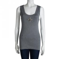 Pre Owned Dolce and Gabbana Grey Knit Crystal Embellished Sleeveless Tank Top M