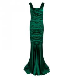 Pre Owned Dolce and Gabbana Green Silk Ruched Sleeveless Gown L