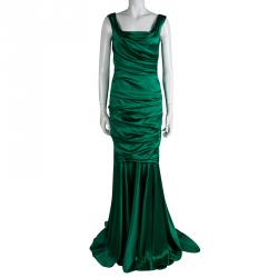Pre Owned Dolce and Gabbana Green Silk Ruched Sleeveless Gown L