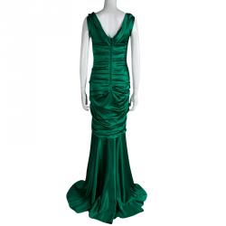 Pre Owned Dolce and Gabbana Green Silk Ruched Sleeveless Gown L