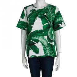 Pre Owned Dolce and Gabbana Green Leaf Printed Cotton Short Sleeve Top M