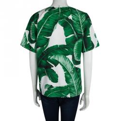 Pre Owned Dolce and Gabbana Green Leaf Printed Cotton Short Sleeve Top M
