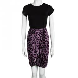 Pre Owned Dolce & Gabbana Purple Leopard Printed Silk Draped Ruffle Detail Skirt M