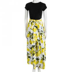 Pre Owned Dolce and Gabbana Lemon Printed Cotton Gathered Belted Maxi Skirt L