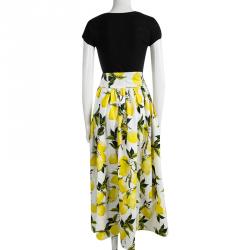 Pre Owned Dolce and Gabbana Lemon Printed Cotton Gathered Belted Maxi Skirt L