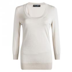 Pre Owned Dolce and Gabbana Beige Ribbed Trim Detail Long Sleeve Sweater M