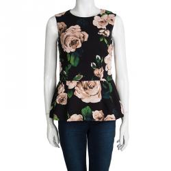 Pre Owned Dolce and Gabbana Black Floral Printed Sleeveless Peplum Top M