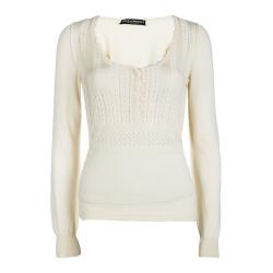 Pre Owned Dolce and Gabbana Cream Perforated Knit Detail Long Sleeve Sweater M