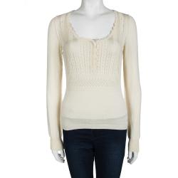 Pre Owned Dolce and Gabbana Cream Perforated Knit Detail Long Sleeve Sweater M