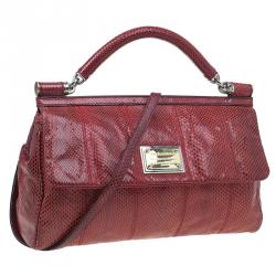 Pre Owned Dolce and Gabbana Red Snake Skin Medium Miss Sicily Tote Bag
