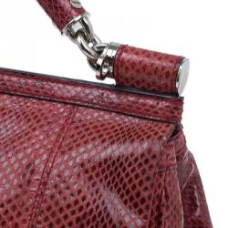 Pre Owned Dolce and Gabbana Red Snake Skin Medium Miss Sicily Tote Bag