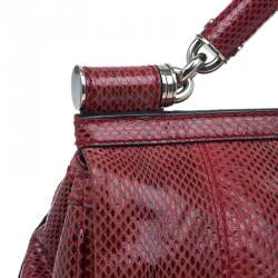 Pre Owned Dolce and Gabbana Red Snake Skin Medium Miss Sicily Tote Bag