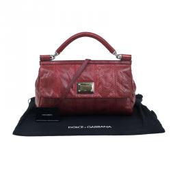 Pre Owned Dolce and Gabbana Red Snake Skin Medium Miss Sicily Tote Bag