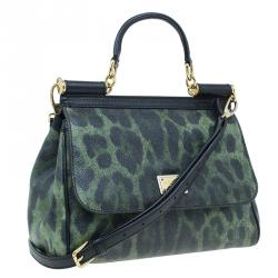 Pre Owned Dolce and Gabbana Green Leopard Print Leather Medium Miss Sicily Tote Bag