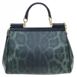 Pre Owned Dolce and Gabbana Green Leopard Print Leather Medium Miss Sicily Tote Bag