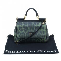 Pre Owned Dolce and Gabbana Green Leopard Print Leather Medium Miss Sicily Tote Bag