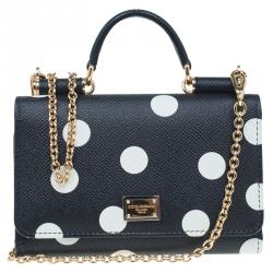 Pre Owned Dolce and Gabbana Black Polka Dot Leather Wallet on Chain