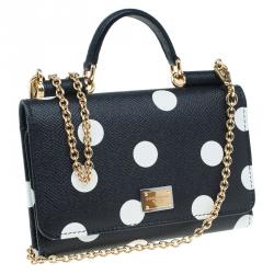 Pre Owned Dolce and Gabbana Black Polka Dot Leather Wallet on Chain