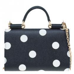 Pre Owned Dolce and Gabbana Black Polka Dot Leather Wallet on Chain