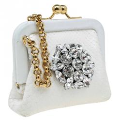Pre Owned Dolce and Gabbana White Python Embellished Chain Coin Purse