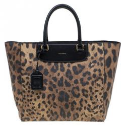 Pre Owned Dolce and Gabbana Black Leopard Print Leather Lucia Shopper Tote