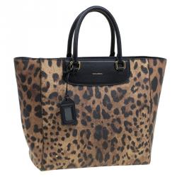 Pre Owned Dolce and Gabbana Black Leopard Print Leather Lucia Shopper Tote