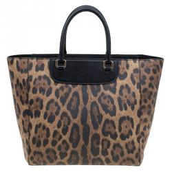 Pre Owned Dolce and Gabbana Black Leopard Print Leather Lucia Shopper Tote